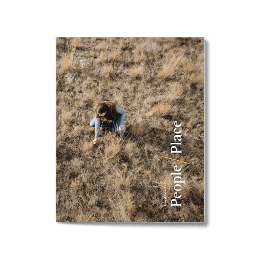 annual report cover image showing title "People and Place" and a woman crouching down to check the ranchland soil