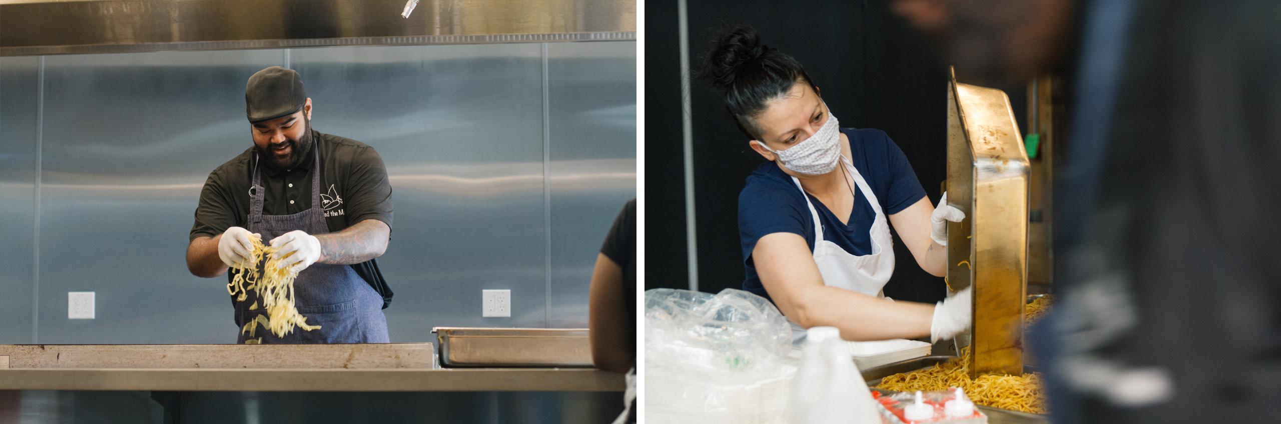 An image of two photos: The left photo shows a man placing noodles on a grill; the right photo shows a woman transferring noodles from a stainless steel tray.