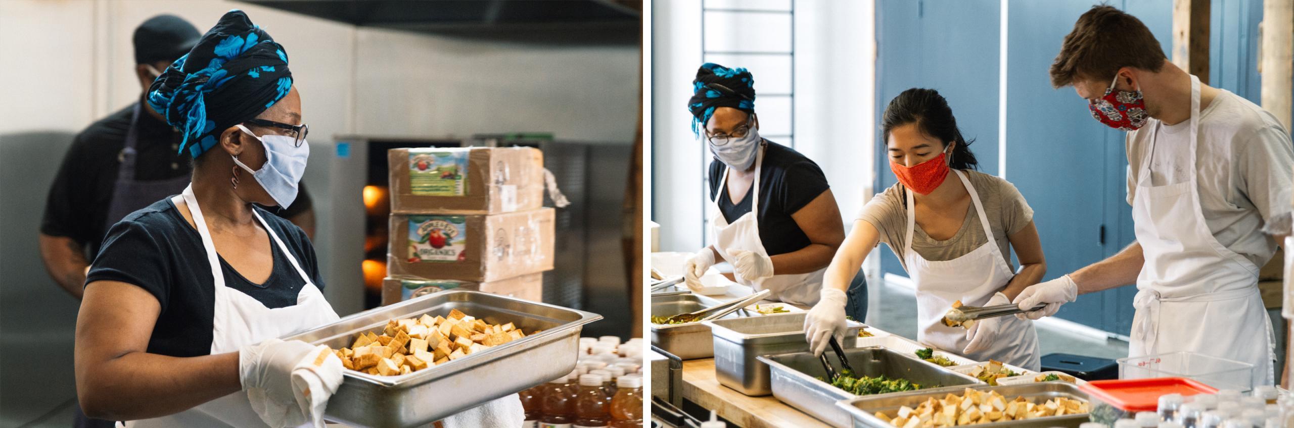 An image of two photos: The left photo shows a woman carrying a stainless steel tray with cubes of tofu; the right photo shows three people in an assembly line placing cooked vegetables and noodles into take-out containers.