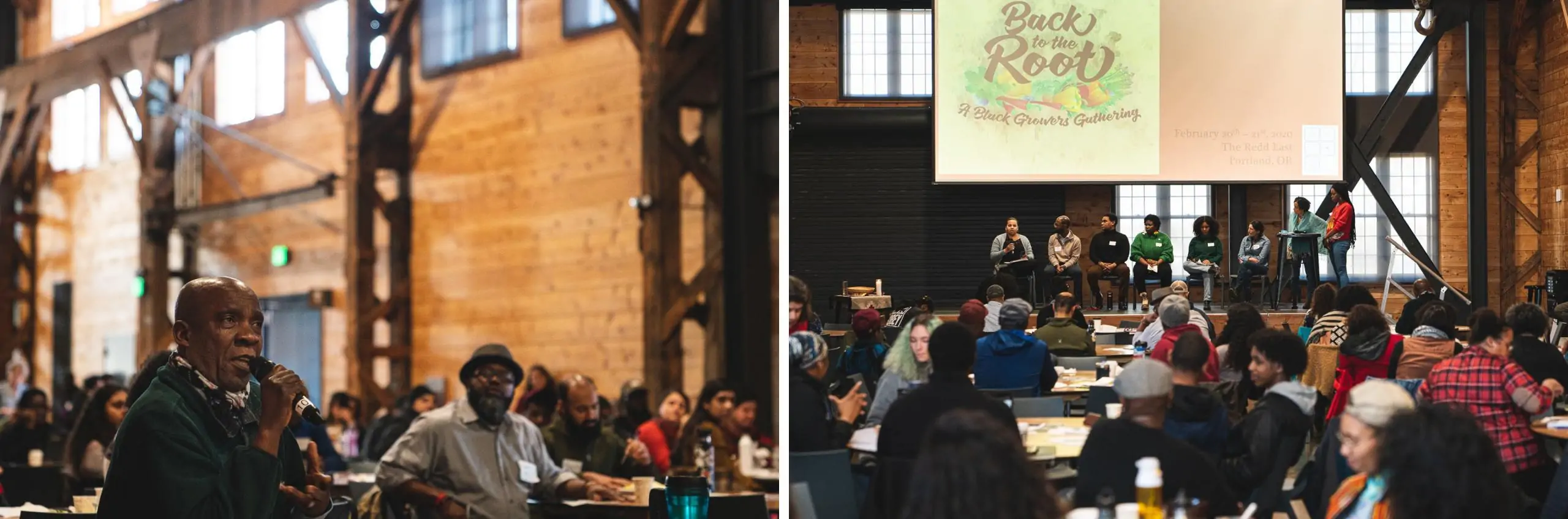 Left: Eca-Etabo Wasongolo poses a question for the Climate Justice panel. Right: Climate Justice panelists Tanika Thompson, Sam Baraso, Bill Beamer, Laquida Landford, Janaira Ramirez, and Michelle Week, with moderators Jamese Kwele and Nyema Clark. Photos by Noah Thomas