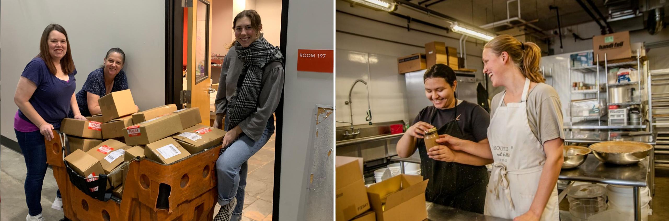 Two photos side-by-side. In the left photo, three woman are standing in front of an office doorway. Between them is a cart filled with cardboard boxes marked 'Fragile.' In the right photo, a woman smiles as she holds a jar of unlabeled nut butter. Another woman standing to her left laughs as her right arm extends toward the same jar of nut butter. They are standing in an industrial kitchen.