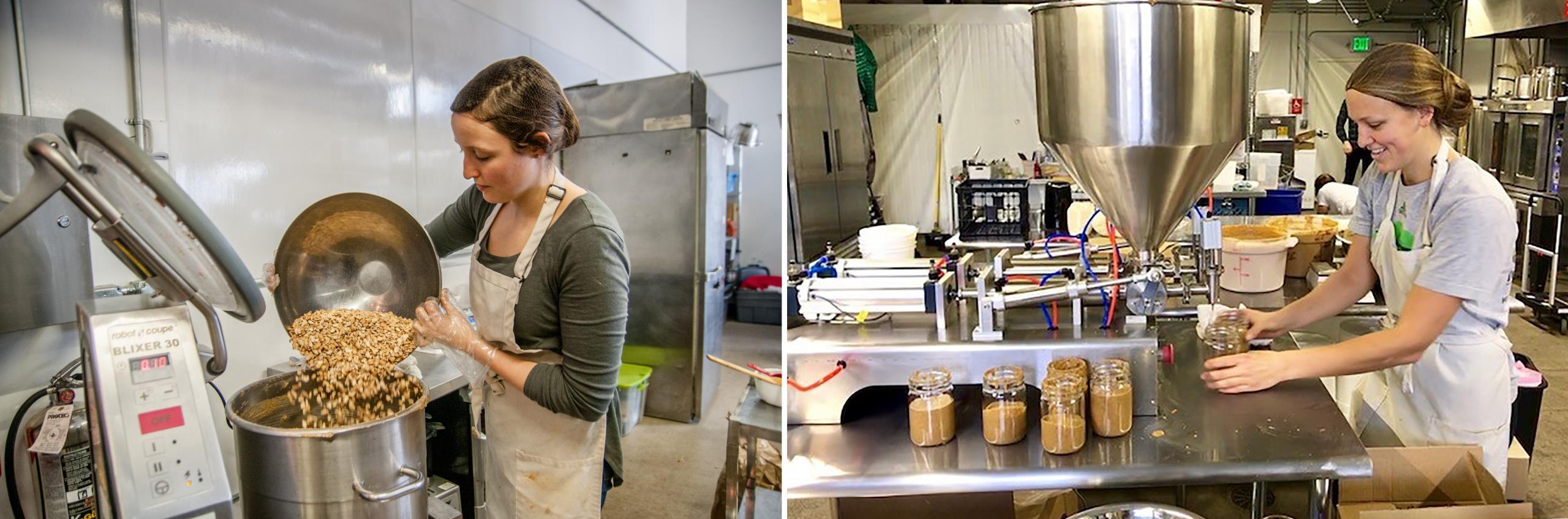Two photos side-by-side. The left image shows a woman wearing an apron, hair net, and a long-sleeved T-shirt pouring a large stainless steel bowl of cashews into a stainless steel machine. The right photo shows a different woman also wearing an apron, hair net, and gray T-shirt using a machine to fill jars with nut butter.
