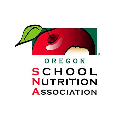 Oregon School Nutrition Association logo, red apple with a bite and text