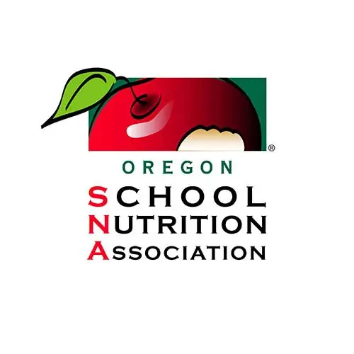 Oregon School Nutrition Association logo, red apple with a bite and text