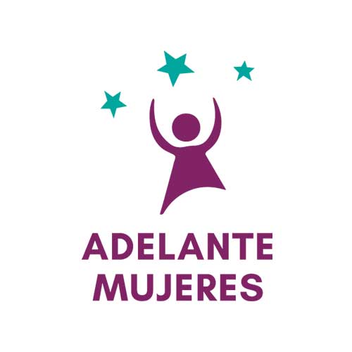 logo that reads: Adelante Mujeres in purple, joyful person in sketch above with stars overhead