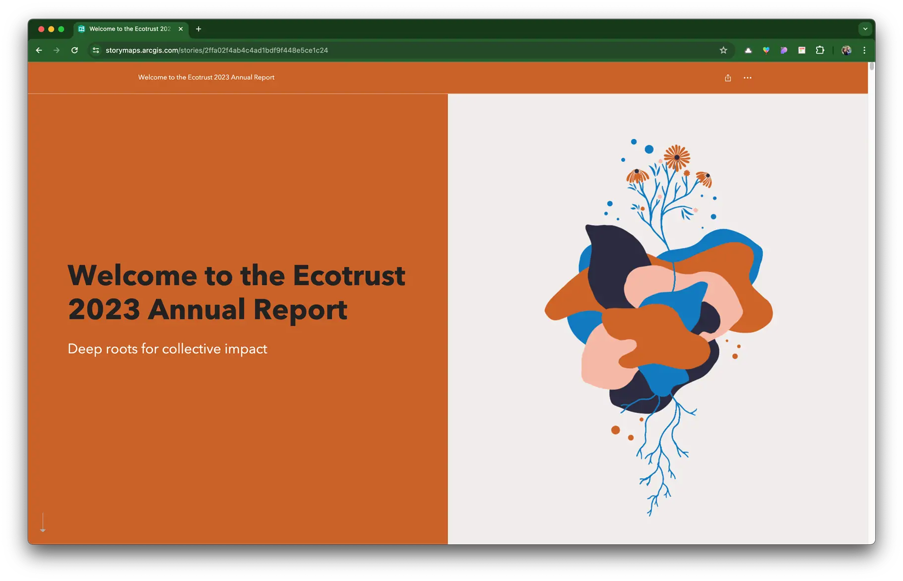image of webpage that reads "Welcome to Ecotrust's 2023 Annual Report: Deep Roots for Collective Impact"
