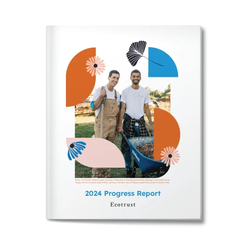 Photo of two people on a farm, smiling with wheelbarrow, reads" 2024 Progress Report