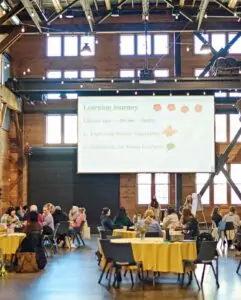 Groups of people sitting around round tables in front of a projected presentation.