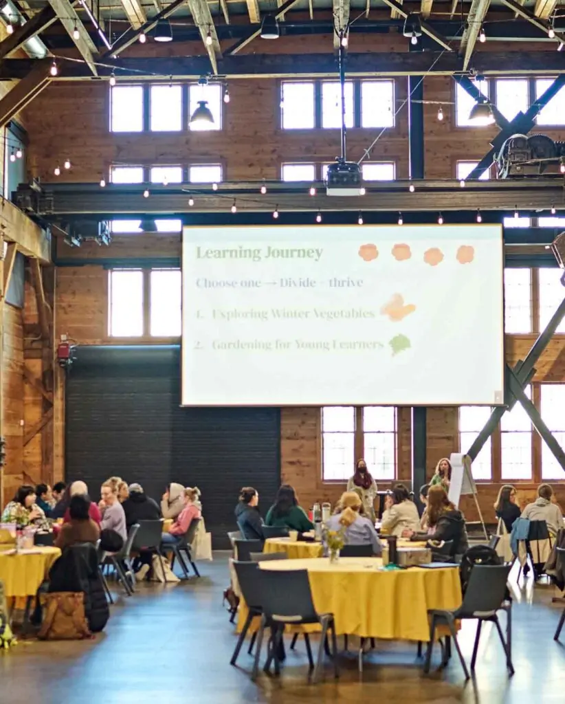 Groups of people sitting around round tables in front of a projected presentation.