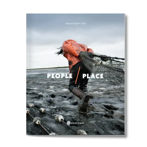 Booklet showing a fisherwoman pulling a net out of the ocean, stormy sky, muddy beach. Title reads: "People / Place"