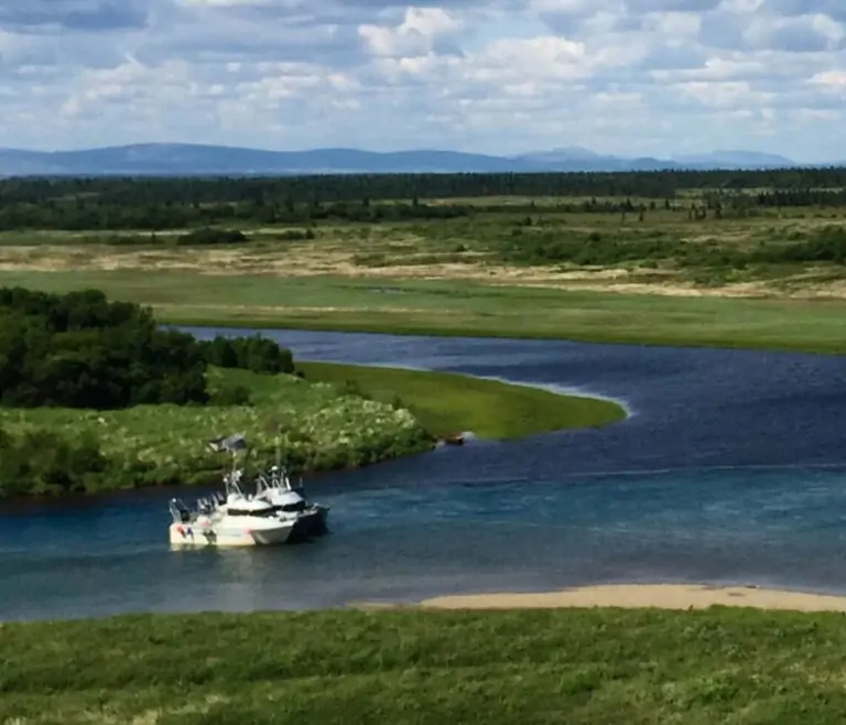 S-curve of a deep blue river, bright green grass-covered shores and low mountains in the distance