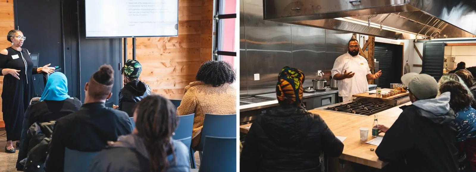 Left: Rachelle Dixon of Mississippi Farmers Market leads a workshop called "Just Food in Urban Communities: Delivering Compassionate Food for Healthier Communities." Right: Chef Jacobsen Valentine of Feed the Mass leads a vegan collard cooking demo. Photos by Noah Thomas