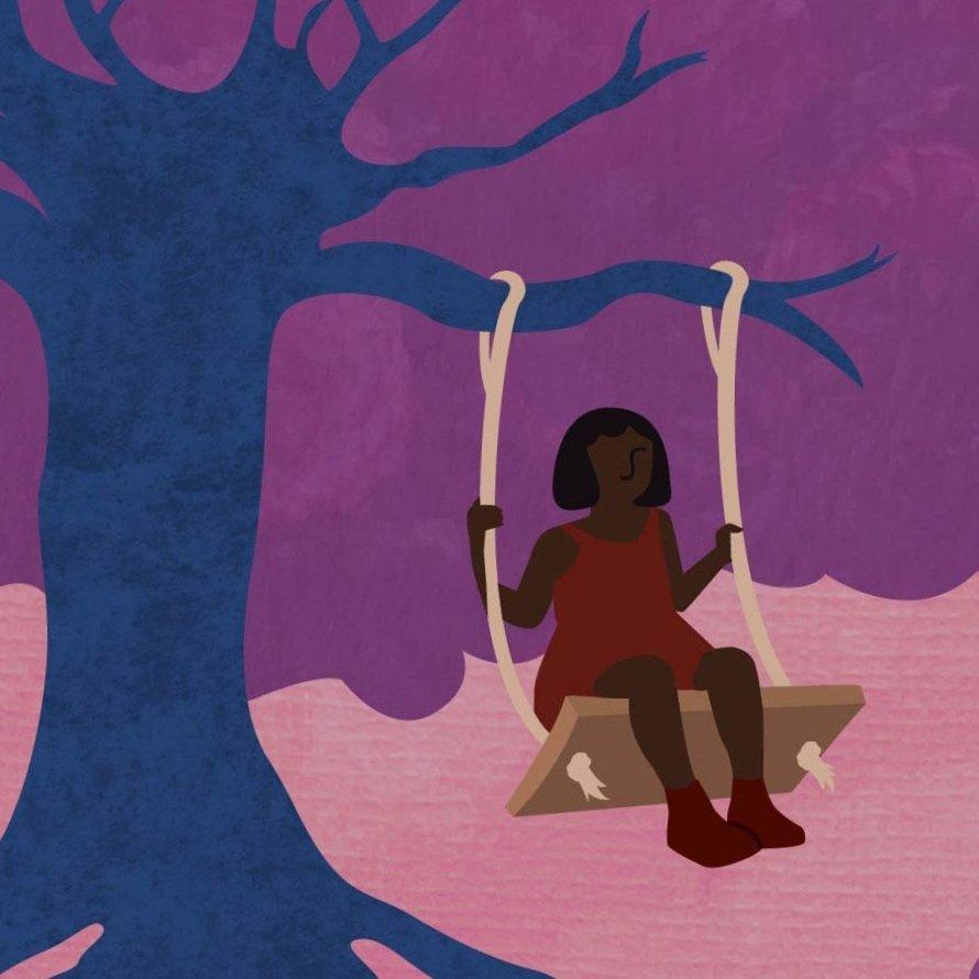 An illustration of a Black girl on a swing attached to a large purple tree