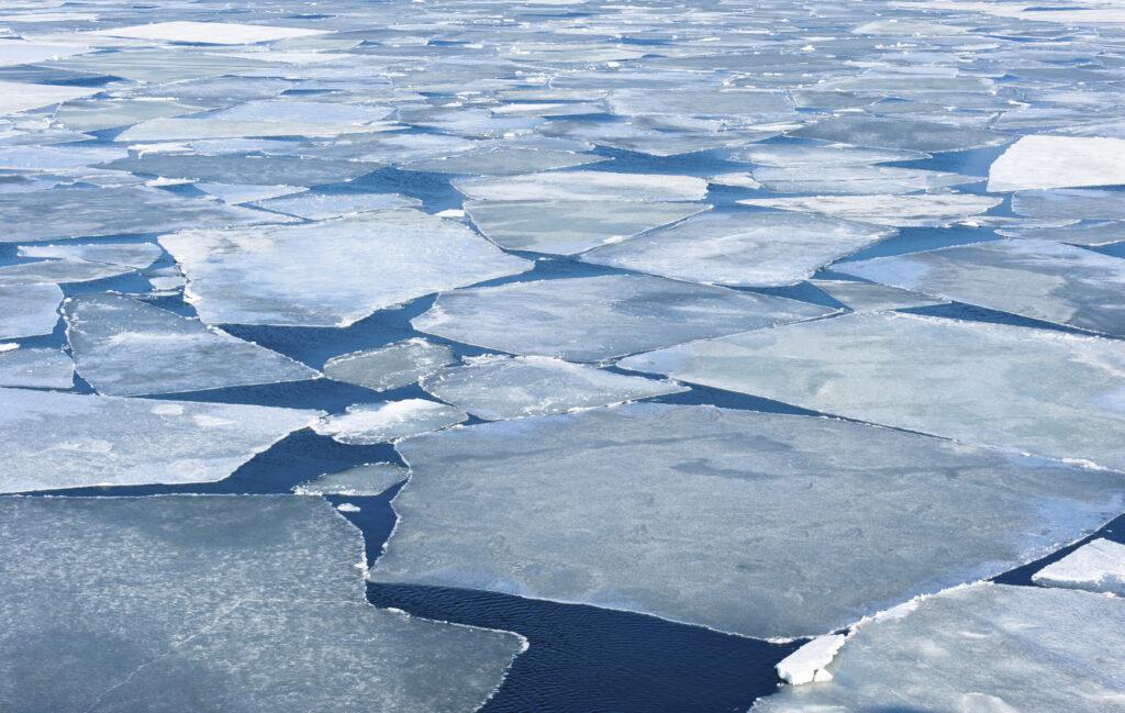 Flat field of thin sea ice breaking apart into the horizon