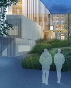 Artist's rendering of a futuristic college building, surrounded by hedges, with two silhouettes walking toward it
