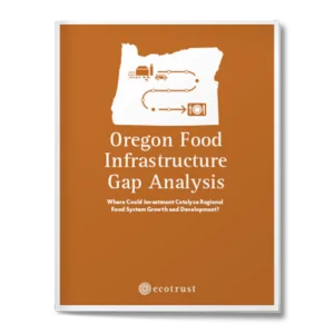 burnt orange cover with white illustration of state of Oregon with an arrow going from a farm to a plate of food