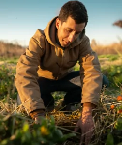 A man in his 30s, with short dark hair and wearing a hooded tan jacket, sits in a squat in a grassy field. He is looking down at his hands, which are parting the grasses.