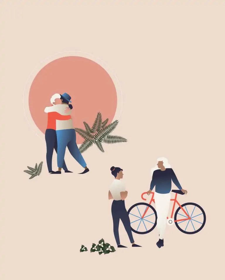 A digital illustration of two people hugging and two people in a conversation