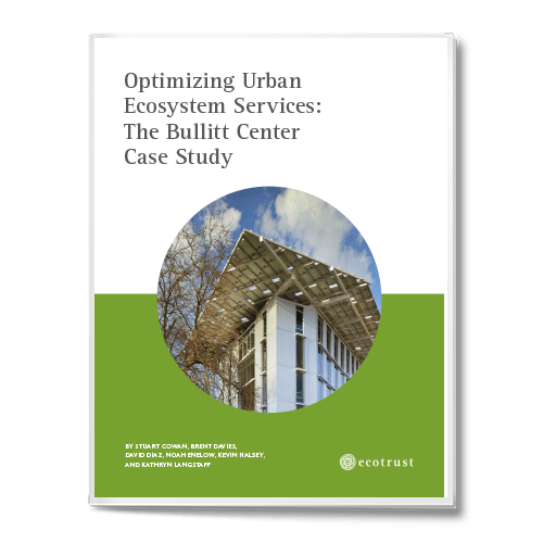 "Optimizing Urban Ecosystem Services: The Bullitt Center Case Study" text above a circular image of a modern building, green background on bottom half of page