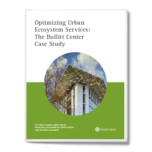 "Optimizing Urban Ecosystem Services: The Bullitt Center Case Study" text above a circular image of a modern building, green background on bottom half of page