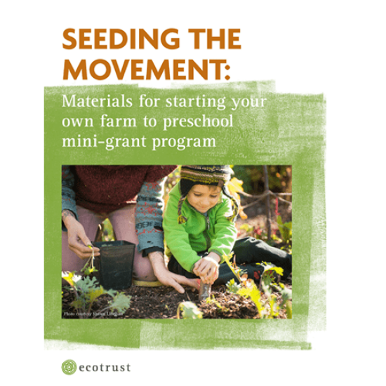 report cover picturing a preschool boy planting kale starts with assistance from a teacher