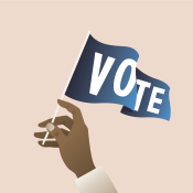 illustration of a hand with brown skin holding a flag that reads "Vote"