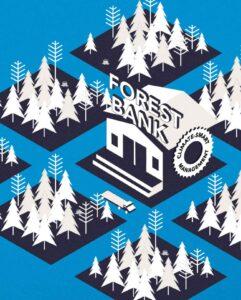 A digital illustration showing plots of forestland surrounding a building that says "Forest Bank"