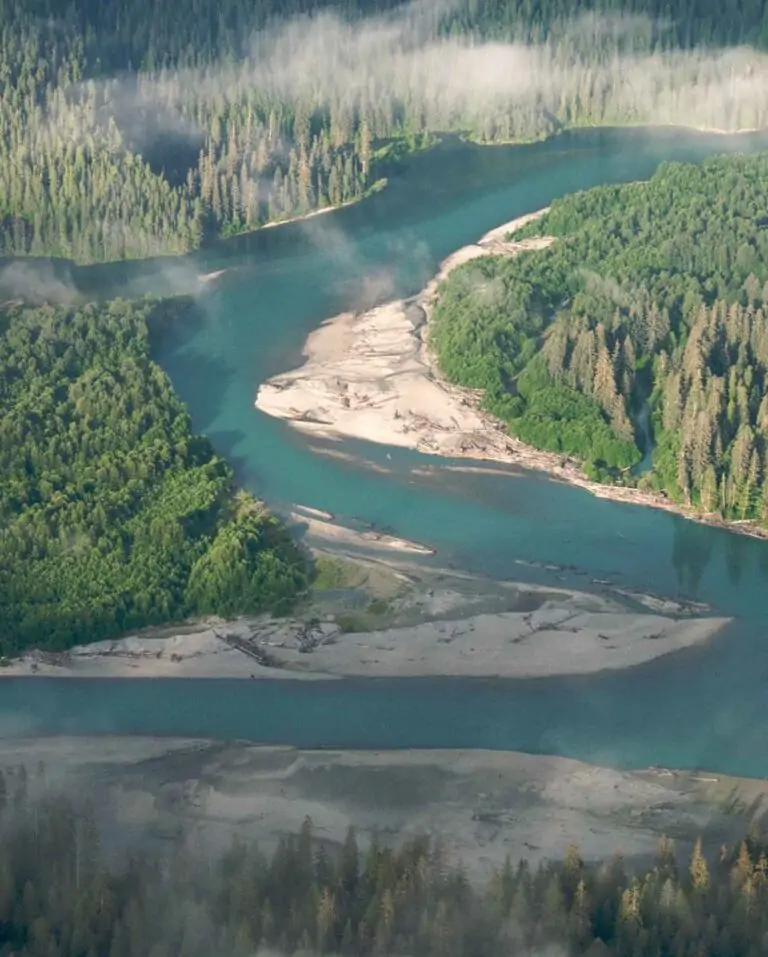 Aerial photo of an aqua color river flowing through a forested landscape