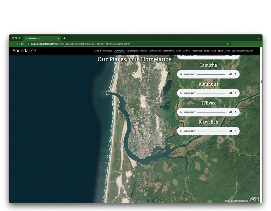 Aerial image showing a river meeting the sea, text overlays read: Our Places, Our Homelands Tamicha Kluuhuus Tl'iiyax K'awi'iich