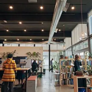 interior office scene, lots of plants and books and natural light, 4 people present in the distance