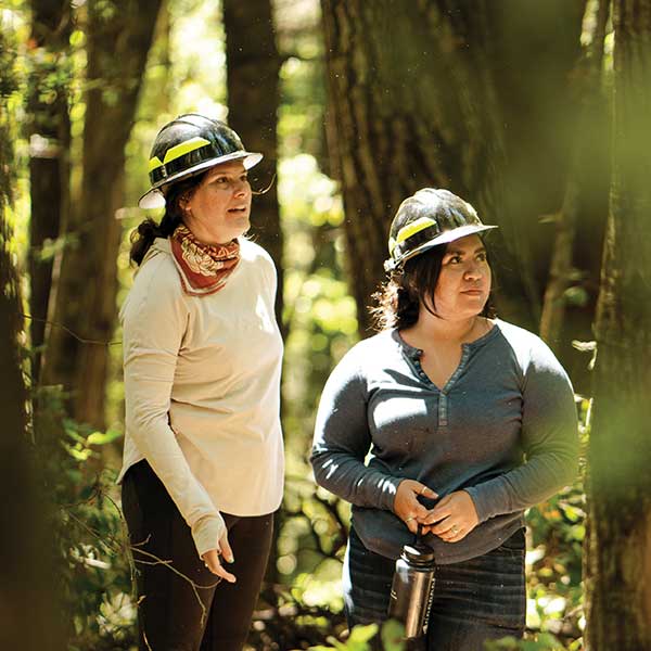 two people in a forest, wearing hard hats, long hair sunshine, looking up